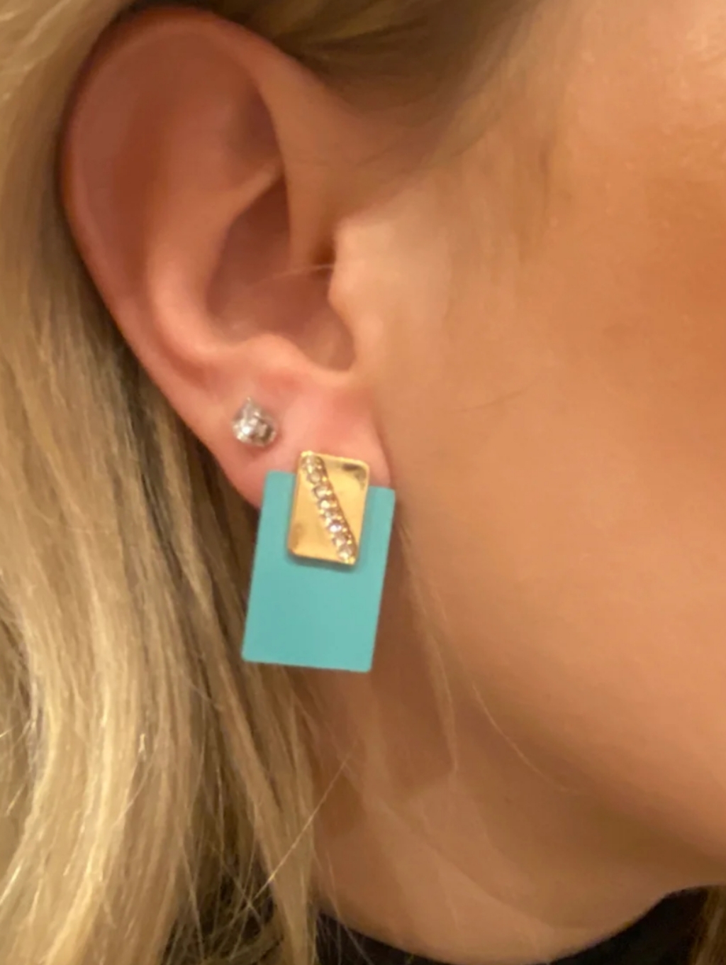 Turquoise Block Earrings With Gold Accent Boho New